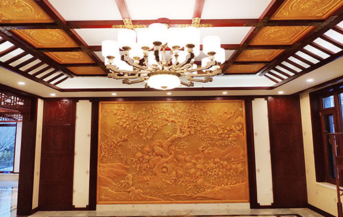 漳州中式别墅客厅中式木作横梁吊顶装饰展示