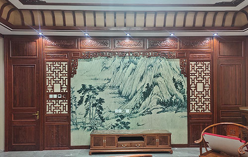 漳州中式仿古别墅客厅背景墙花格木作装饰